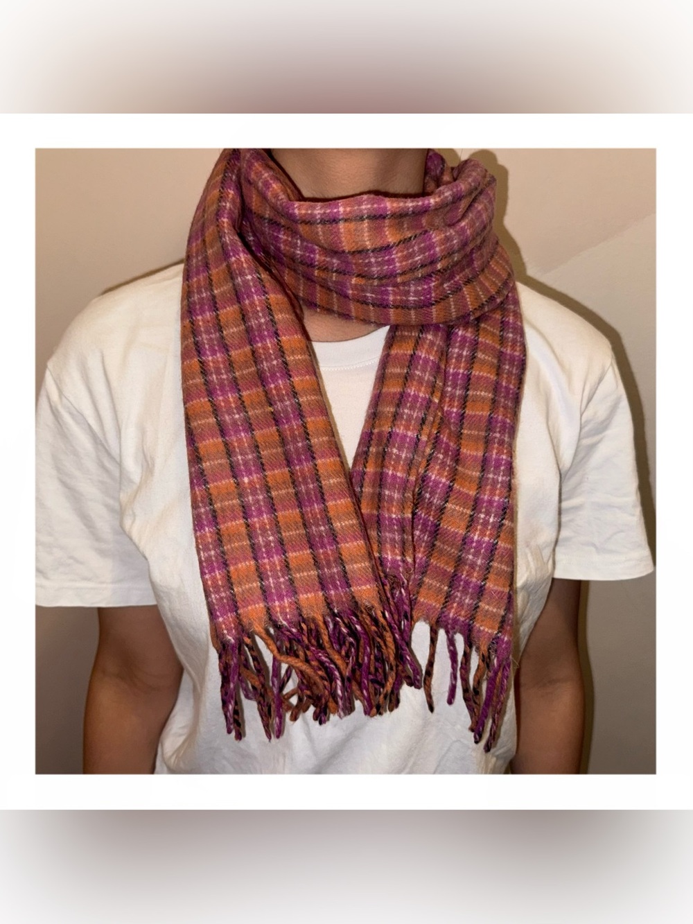 Pink and Orange Plaid Fringe Scarf